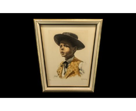 Coloured Limited Edition Print of a Spanish Boy wearing a hat, number 132/350, pencil signed M Hubbilindy, in a shaped angle 