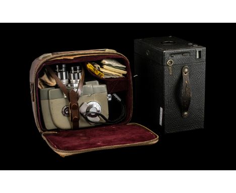 Two Vintage Cameras in Cases - Sekonic Optical Co. Ltd. (Elmahic) Movie Camera; with a large Kodak Box Camera.