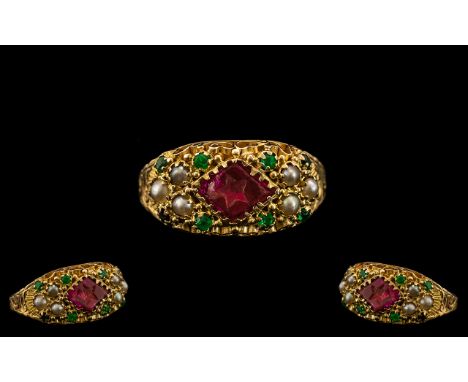 Antique Period Attractive 15ct Gold Star Ruby - Emerald and Seed Pearl Set Ring - Wonderful Setting. Fully Hallmarked for 625