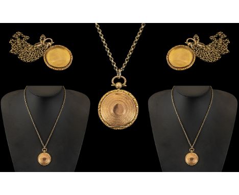 Antique Period 9ct Gold Circular Locket with Wonderful Engine Turned Decoration to Back Cover. Attached to a 9ct Gold Belcher