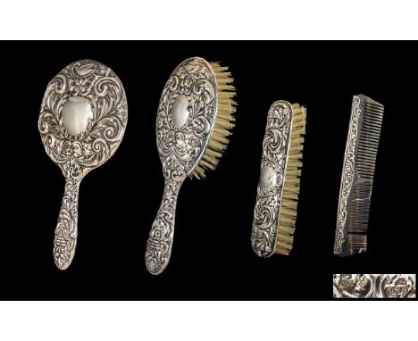 Ladies ( 4 ) Piece Ornate Sterling Silver Vanity Set with Embossed Images of Birds, Flowers Scrolls &amp; Faces. Hallmark Bir