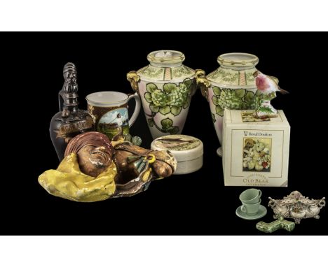 Collection of Pottery &amp; China Items, comprising a pair of nippon vases Oriental style with green floral pattern on cream 