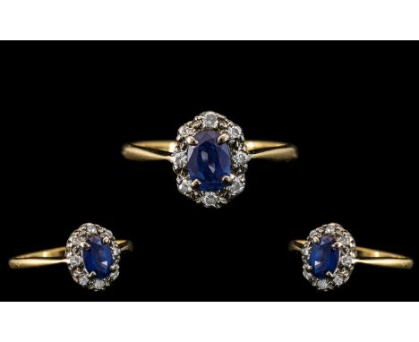 Antique Period - Attractive 18ct Gold Sapphire and Diamond Set Ring - Flower head Setting. Sapphire of Excellent Colour / Cla