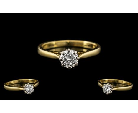 18ct Gold Attractive and Good Quality Single Stone Diamond Set Ring, the round brilliant cut diamond of excellent colour and 