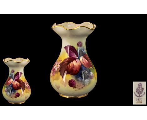Royal Worcester Signed and Hand Painted Vase ' Fallen Fruits ' Raspberries and Blueberries, Signed Kitty Blake. Date 1920's. 