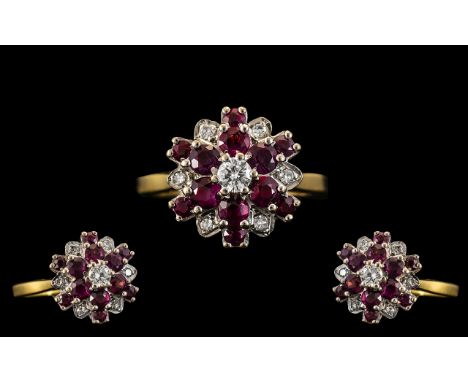 18ct Gold Attractive Ruby and Diamond Set Cluster Ring - Flower head Design. Full Hallmark for 18ct. Rubies and Diamonds of G