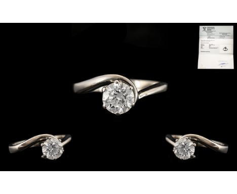 A Contemporary 18ct White Gold Superb Quality Single Stone Diamond Set Ring. Comes with An International Gemological Institut