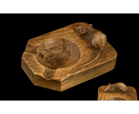 Robert ' Mouseman ' Thompson Hand Carved Oak Ash Tray with Signature Carved Long Tailed Mouse to Top. c.1950's. 4 Inches - 10