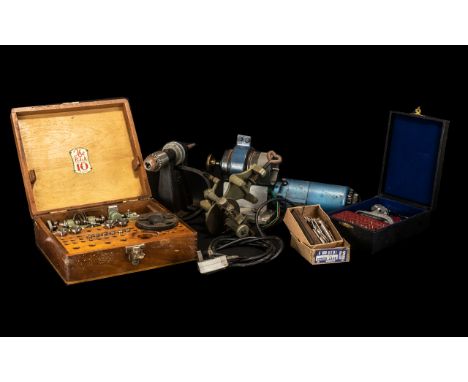 Watch &amp; Clock Making Tools - box containing table top motors with drill and lathe attachment; various bits and punches.  