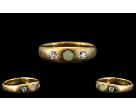 Scottish 19th Century Attractive 18ct Gold 3 Stone Diamond and Opal Set Ring. The Pave Set Diamonds of Excellent Colour / Cla