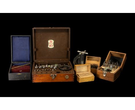 Watch &amp; Clock Marker's Tools box containing a Pultra 10 Lathe No 999, various pulleys and attachments, presses, punches a