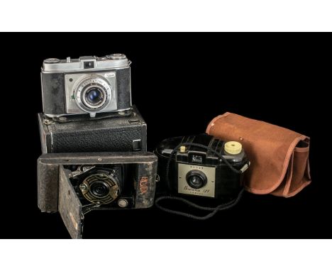 Collection of Four Vintage Cameras, various makes, Retinette, Ensign, Brownie No. 2, and Kodak 127.