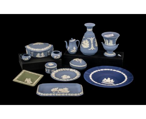 Collection of Wedgwood Jasperware, mostly classical scenes powder blue to include lidded trinket box, urn, miniature coffee p