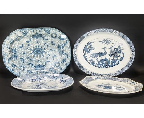 Four Large Staffordshire Pottery Blue &amp; White Meat Plates by Wood &amp; Sons, Johnston Bros., Fentons &amp; Burleigh.