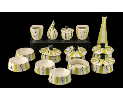 Midwinter 21 Piece Assorted Set Yellow and Black Wavy Lines. Comprising, relish dishes and lids, salts and small pots etc. 
