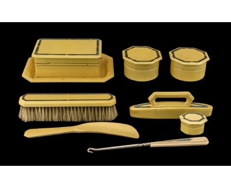 Art Deco Period Ladies - Bakelite Nine Piece Vanity Set. Comprises of Tray, Jars, Brush, Nail Polisher, Lidded Trinket Box, S