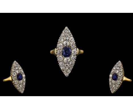 Antique Period 18ct Gold and Platinum Superb Quality - Diamond and Sapphire Set Dress Ring of Marquise Shape / Form. Marked 1