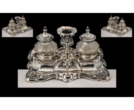 A Fine Quality 19th Century Attractive Silver Desk Ink Well and Stand, In Rocco Style with Central Candle Holder, Comprises O