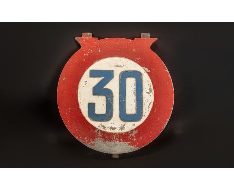 Railway Interest - Vintage Cast Iron 30 mph Speed Limit Sign.  13.5'' diameter, red border with blue numbers. Please see imag