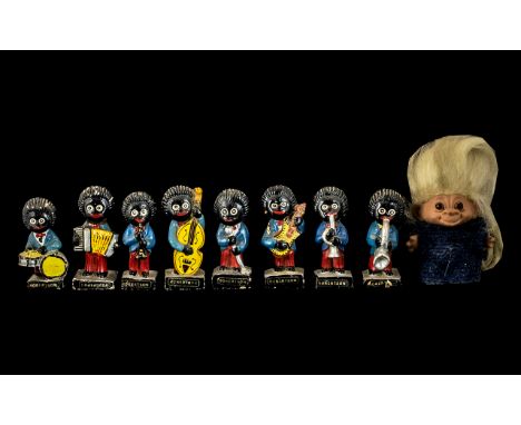 Collection of Eight Robertson Band Figures, hand painted pottery, all playing instruments, 3'' tall. As seen condition, pleas