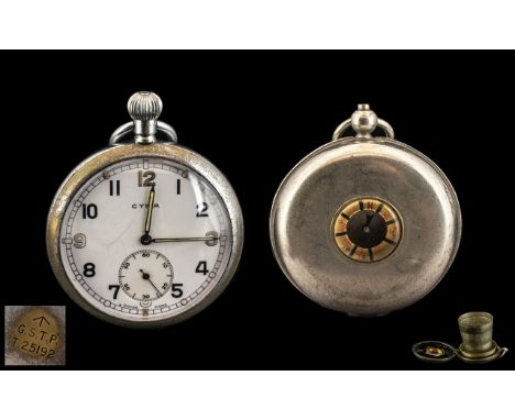 Military Chrome Plated Pocket Watch, make Cyma engraved to the back. GSTP with MD Arrow No. T25192, with white enamel dial, t