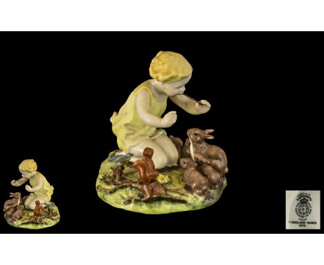 Royal Worcester Hand Painted Figure Group ' Woodland Dance ' Yellow Dress. RW.3076. Modeller Freda Doughty. Issued 1934 - 197