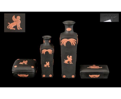 Four Pieces of Wedgwood Black and Terracotta Egyptian Jasperware comprising Lidded Trinket Box 3" square, some damage; an obl