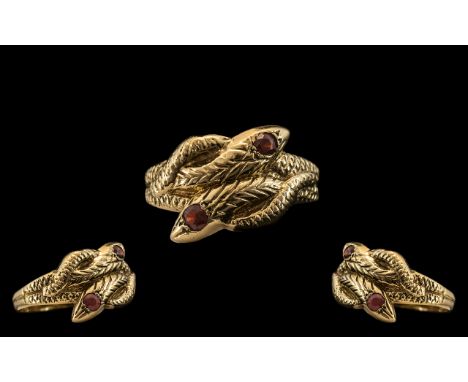 9ct Gold - Twin Coiled Snake Designed Dress Ring. The Two Snakes with Garnet Set Eyes and Scaled Bodies. Fully Hallmarked for