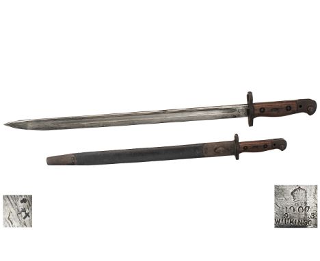 British 1907 Pattern Bayonet and Scabbard - Unused In World War I, Marked to Top of Blade with George V Crown Over 1907 - 9-1