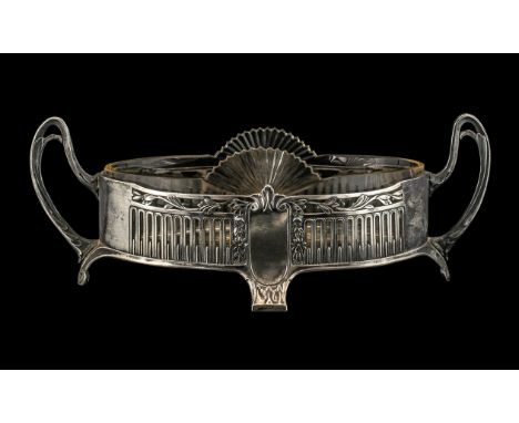 W.M.F Art Nouveau Fine Silver Plated Twin Handled Centrepiece / Bowl with Moulded Glass Liner, In a Fan Shape Inset. Excellen