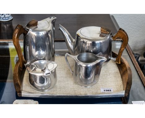 Picquot Ware Tea Set Deco Style aluminium and wood set, Tea Pot, Coffee Pot, Lidded Sugar Bowl and Milk Jug.  All on vintage 