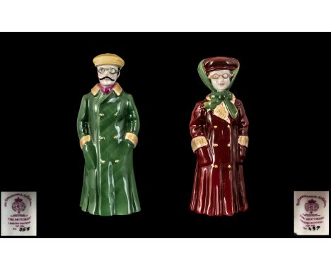 Royal Worcester Hand Painted Porcelain Pair of Ltd and Numbered Edition Figural Candle Snuffers ' The Motorists ' Modelled as