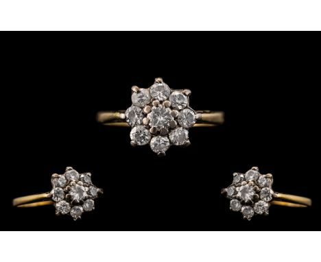 18ct Yellow Gold - Attractive Diamond Set Cluster Ring - Flowerhead Setting. Marked 18ct to Interior of Shank. All Diamonds o