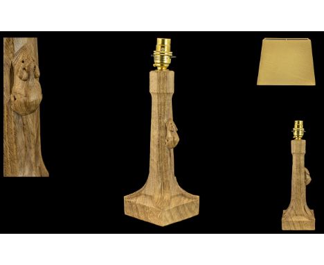 Robert ' Mouseman ' Thompson of Kilburn Carved Oak Table Lamp with Shade. With Carved Signature Mouse to Column. Height 12.5 