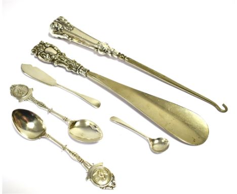 STERLING SILVER ITEMS  To include; a pair of teaspoons with bowling motif terminals, a mustard spoon and butter knife.  Also 
