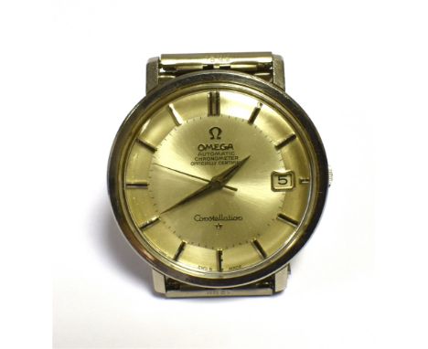 VINTAGE OMEGA CONSTELLATION WRISTWATCH  35.5mm round stainless steel case and strap, chronometer, silvered dial, baton hands,