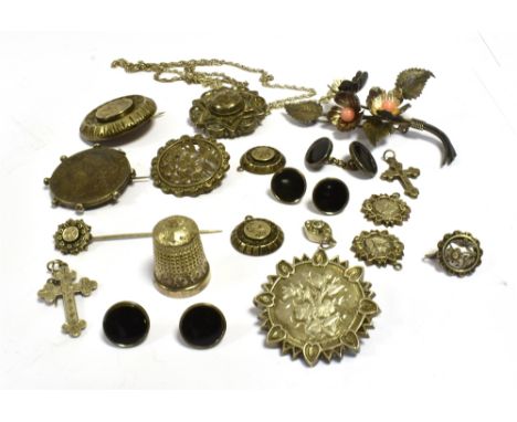 VARIETY OF VICTORIAN SILVER JEWELLERY  To include; intricately engraved brooches, earrings &amp; stick pin.  A thimble, onyx 