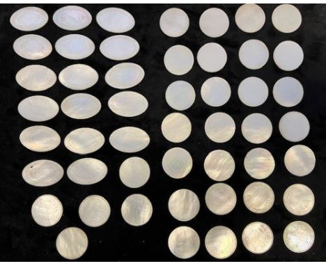ANTIQUE MOTHER OF PEARL GAMING COUNTERS  Intricately hand engraved with lattice, floral and foliate motifs and edged with fis
