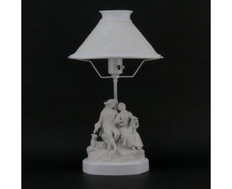 Pair of Vintage Bisque Porcelain Figural Lamp With Lithopane Shade. Shade marked FRANCAISE LITHOPHAINE. Wear, losses, restora