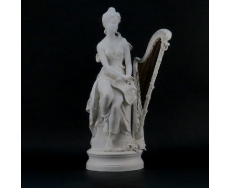 19/20th Century French Bisque Sculpture "Beauté Avec Harpe". Signed H. Moreau. The Harp has become detached and is temporaril
