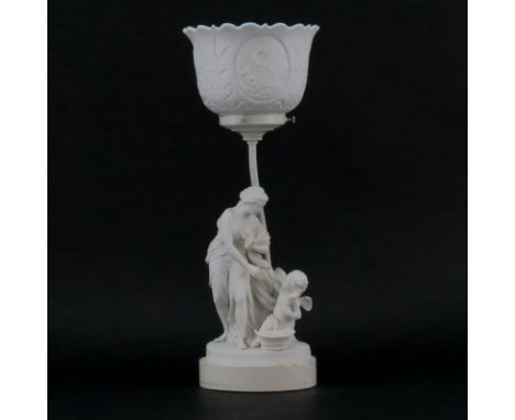 Vintage Bisque Porcelain Figural Lamp With Lithopane Shade. Unsigned. Good condition. Measures 18-1/4" H. Shipping: Third par