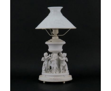 Vintage Bisque Porcelain Figural Lamp With Lithopane Shade. Shade marked GERMANY. Wear and paintloss. Measures 20" H. Shippin