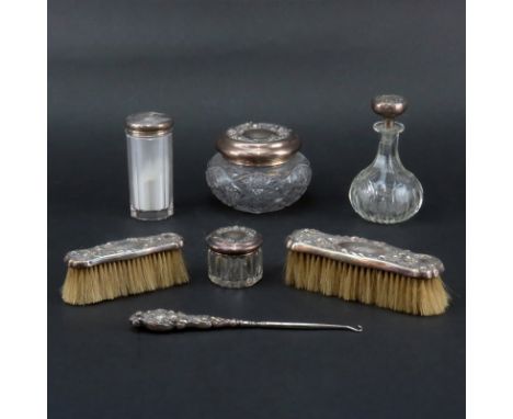 Art Nouveau Assembled Sterling and Glass Dresser Set. Includes brushes, bottles, jars, button hook. All pieces signed sterlin