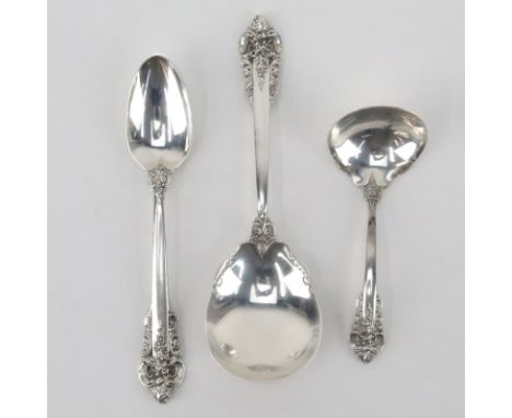 Grouping of Three (3) Wallace Grand Baroque Sterling Silver Serving Spoons. Includes: tablespoon, salad berry spoon, and grav