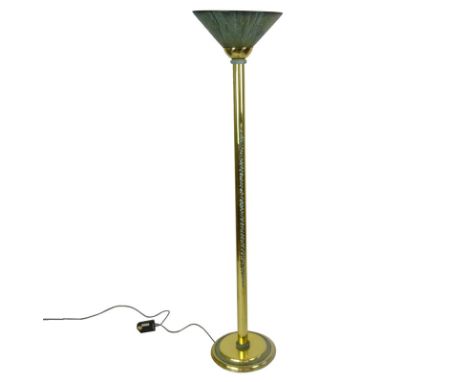 Attributed to Mastercraft Polished Brass and Polychrome Floor Lamp. Decorated with modern openwork polished brass, polychrome