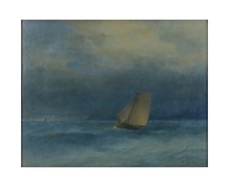 Russian Oil on Artist Board, Signed G. Kapustin, Evening Seascape with Sailboat. Signed lower right. Good condition. Measures
