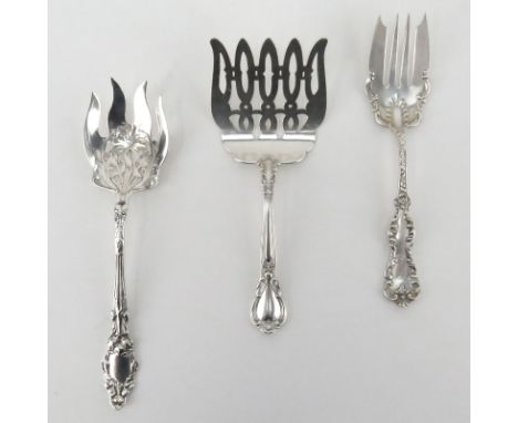 Grouping of Three (3) Sterling Silver Meat Serving Forks. Includes: Gorham "Chantilly" asparagus fork, antique art nouveau pi