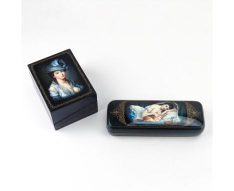 Russian "Erotica" Lacquered Playing Card Box and Eye Glass Case. Signed. As new condition. Measures 4-3/4" x 3-1/2" x 2-5/8" 