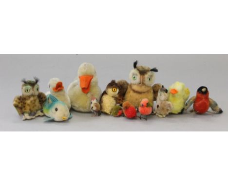 Quantity of bird and duck plush toys, mostly Steiff: Steiff Swimming Duck, circa 1950s, length 16 cm, yellow plush with orang