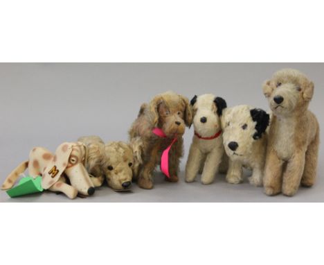 Six dog soft toys, includes 1950s Chiltern dog, length 30cm (with label) and a felt American college mascot dog. Conditions v